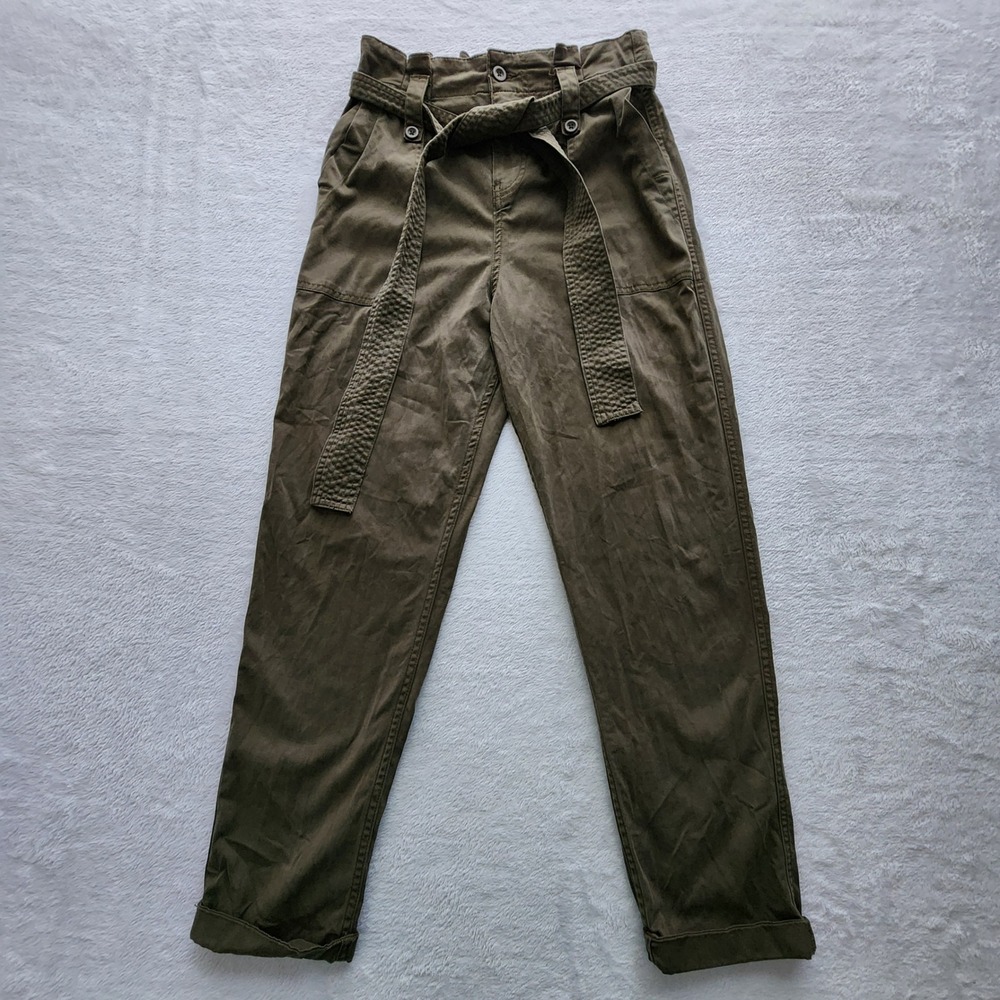 Topshop Paper Bag Pants Womens US 4 Olive Green Belted High Rise Utility Cargo